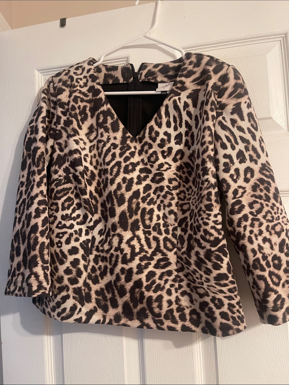 CAbi Sophia Leopard Print V-Neck Top - Black & Cream